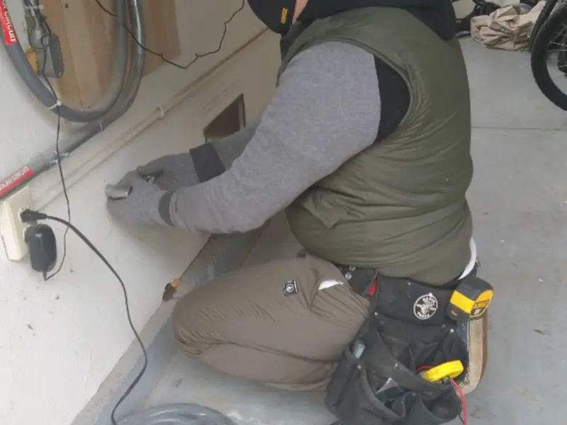 Electrician performing outlet wiring in a Fairmont garage